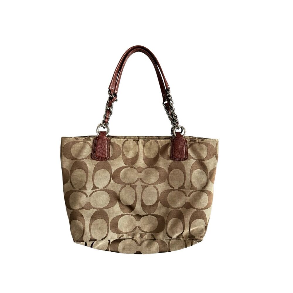 Coach Womens Brown Beige Signature Canvas And Leather Chain Tote Shoulder Bag OS